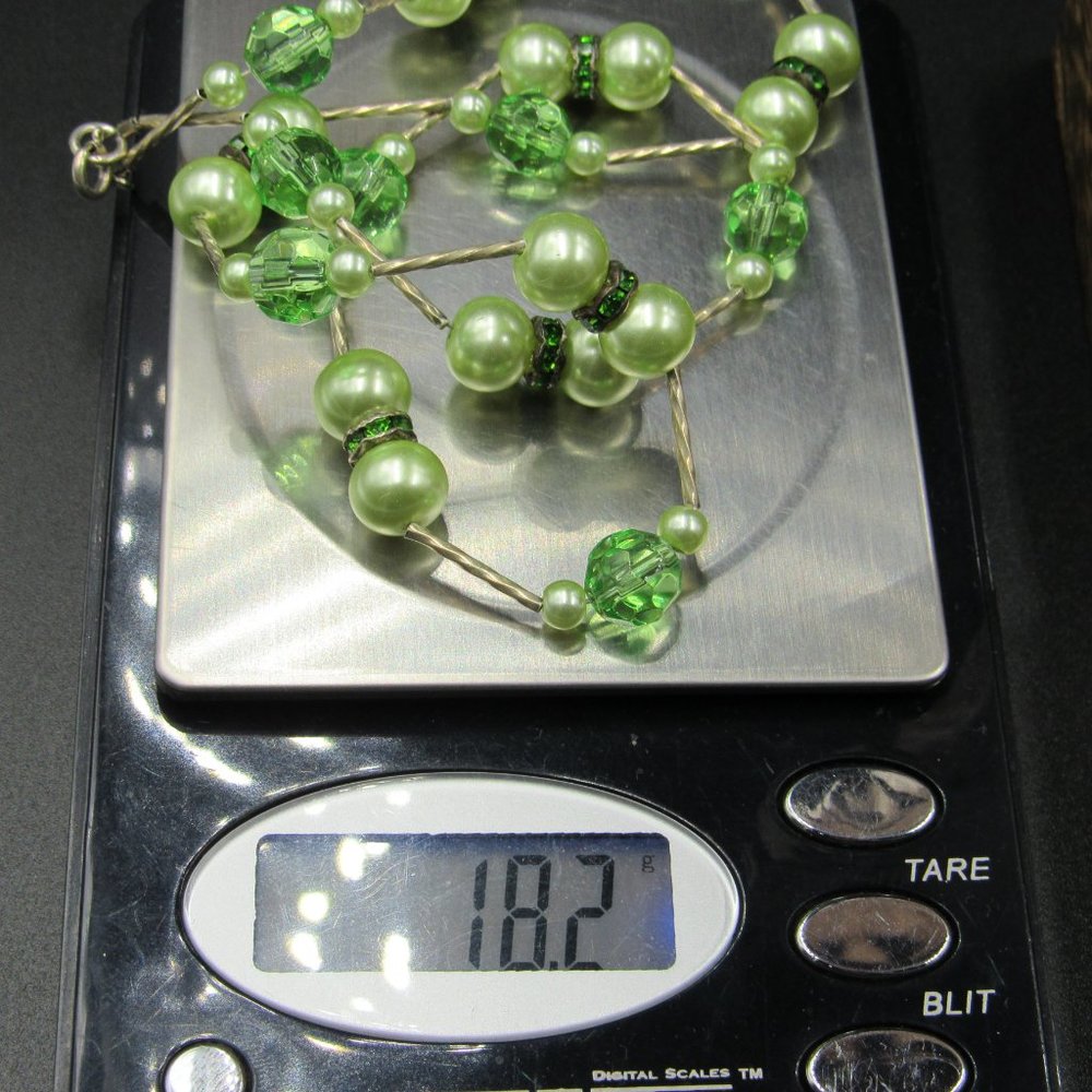 18 Inch Sterling Silver Green Crystal And Faux Pearl Necklace - Picture 4 of 4